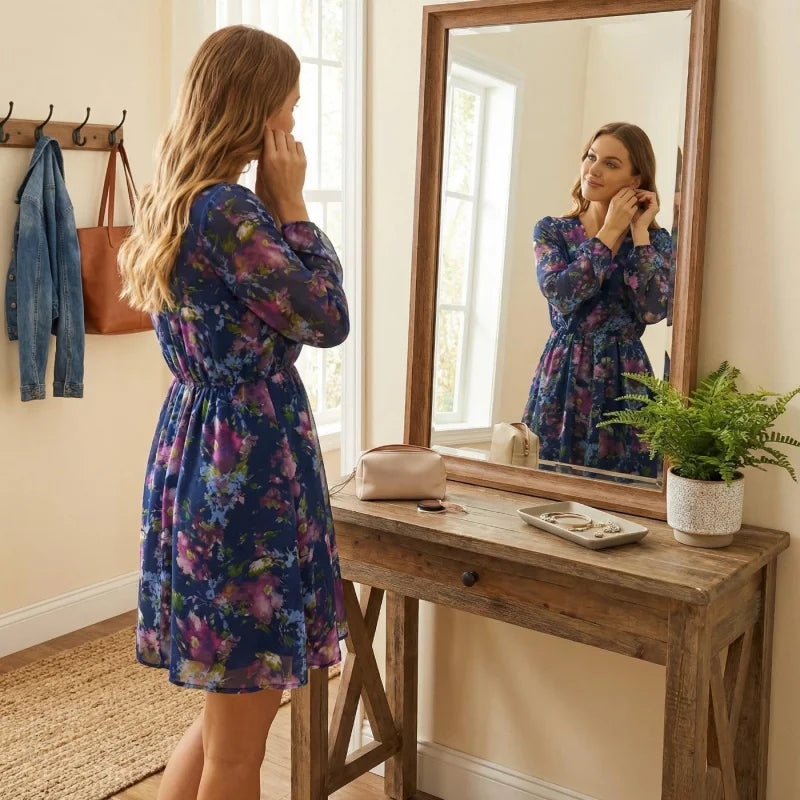 Womens Elegant V Neck Chiffon Dress Long Sleeve Spring Party Wear