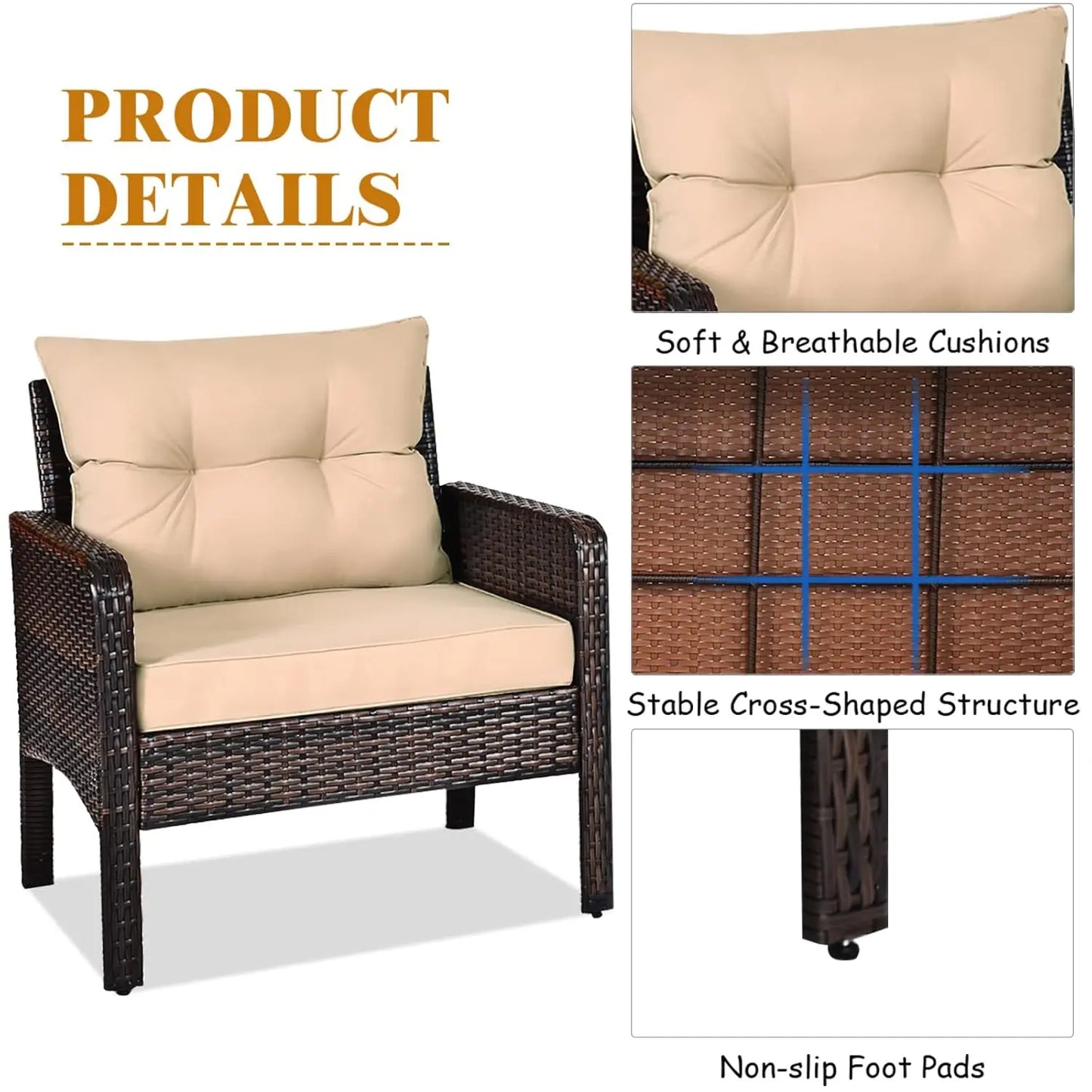 3 Piece Patio Furniture Set, Outdoor Wicker Conversation Bistro Set with 4 Cushions, All Weather PE Rattan, Customized