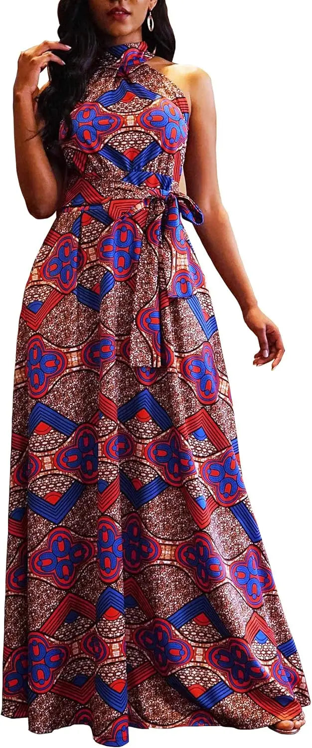 Cotton Polyester Maxi Dress With Lace-Up High Waist Collar Sleeveless