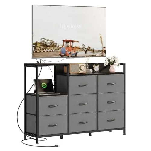 MCQ 8 Fabric Drawers And1 Open Space Cabinets Metal Frame Bedside End Table Storage With Charging Station for Home Furniture