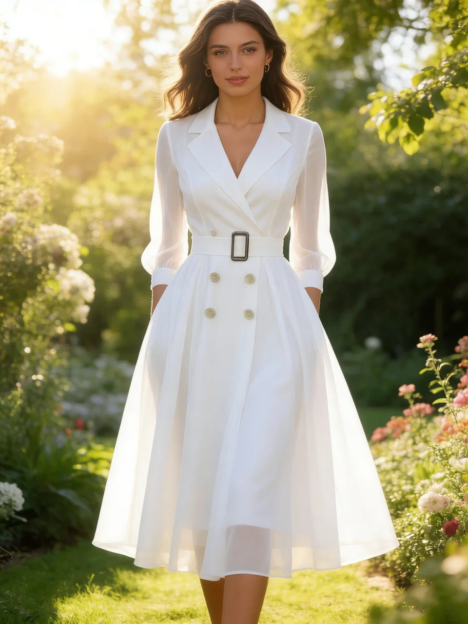 Elegant Style Women Summer Lapel Sheer Sleeve Double Breasted Belted Swing Midi Dress