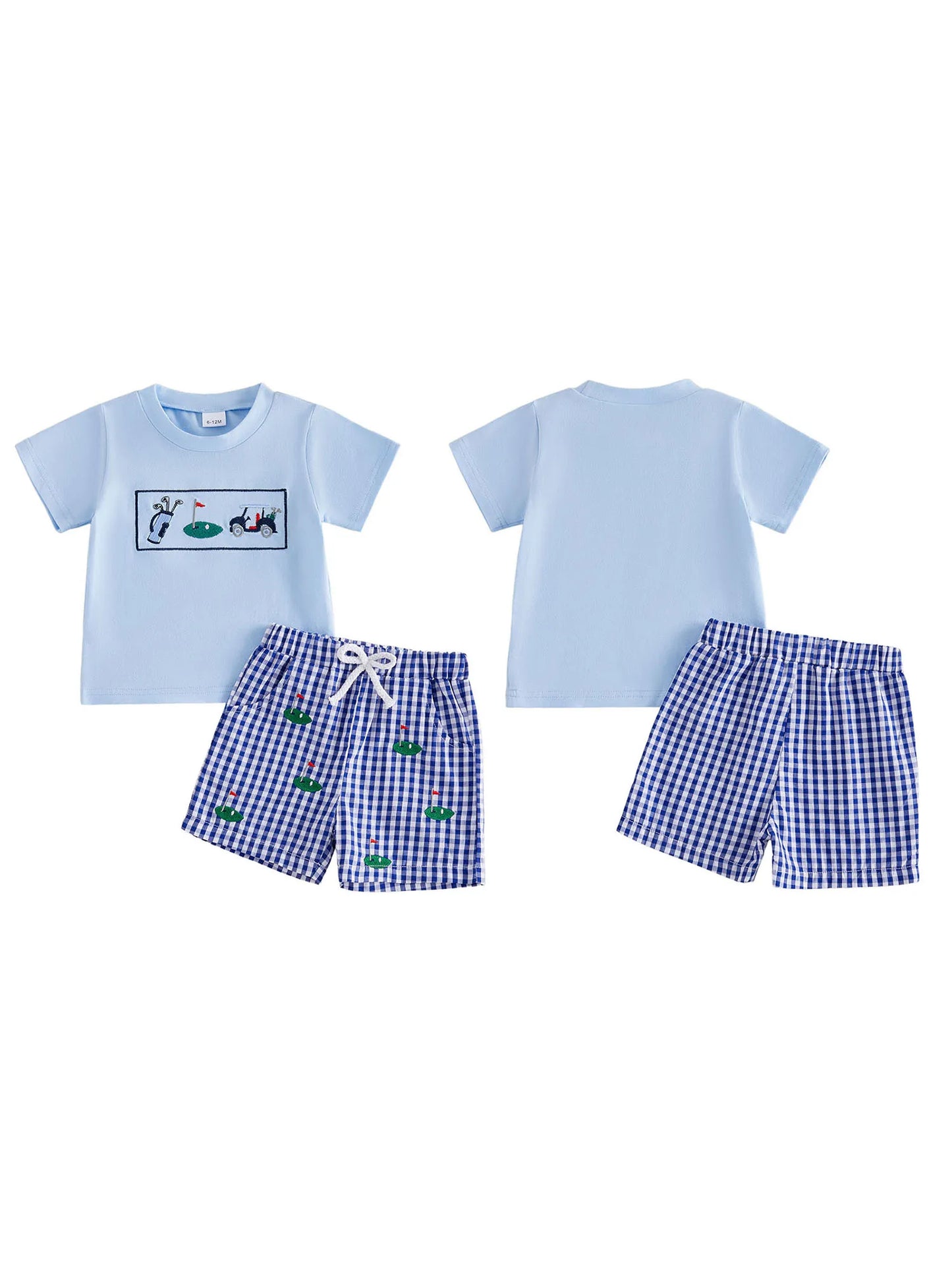 Boys Summer Outfits with Cute Animal Embroidery Short Sleeve T-Shirts and Elastic Waist Plaid Shorts 2Pcs Clothing Set for