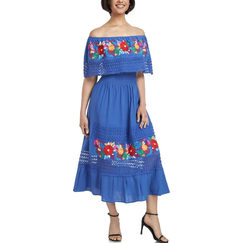 Women Cotton Off Shoulder Mexican Peasant Casual Dress