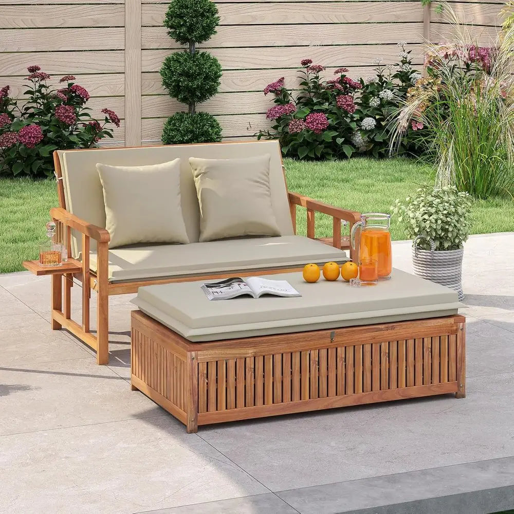 Outdoor Wooden Daybed With Ottoman Adjustable Backrest And Cushions