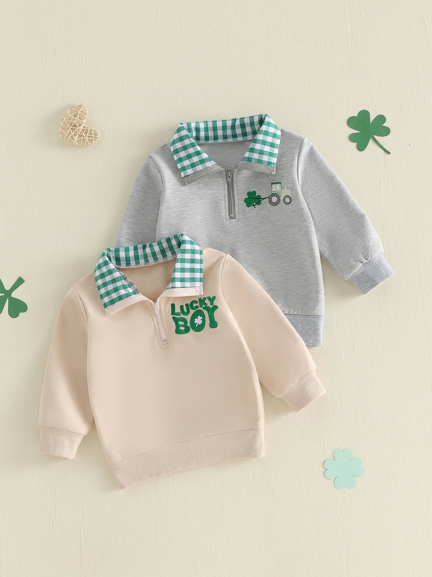 Kids St Patrick s Day Hoodie Irish Clover Embroidered Sweatshirt Long Sleeve Lapel Quarter Zip Pullover Sweatshirt for Boys