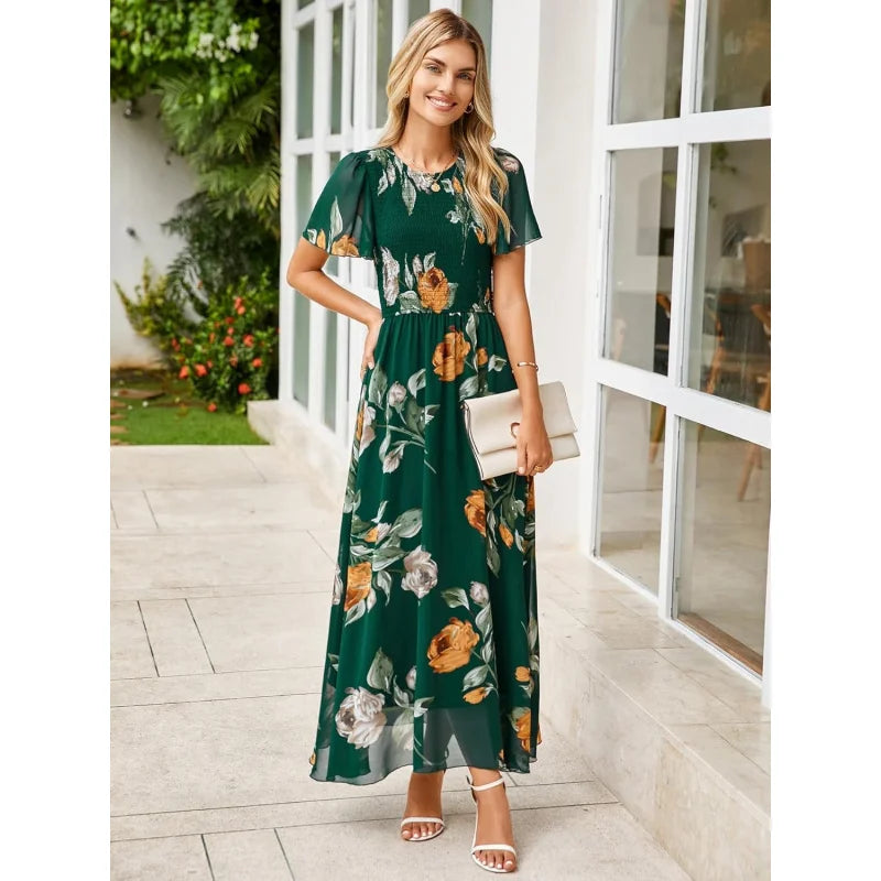 Floral Casual Summer Maxi Dress Chiffon With Smocked Short Sleeve