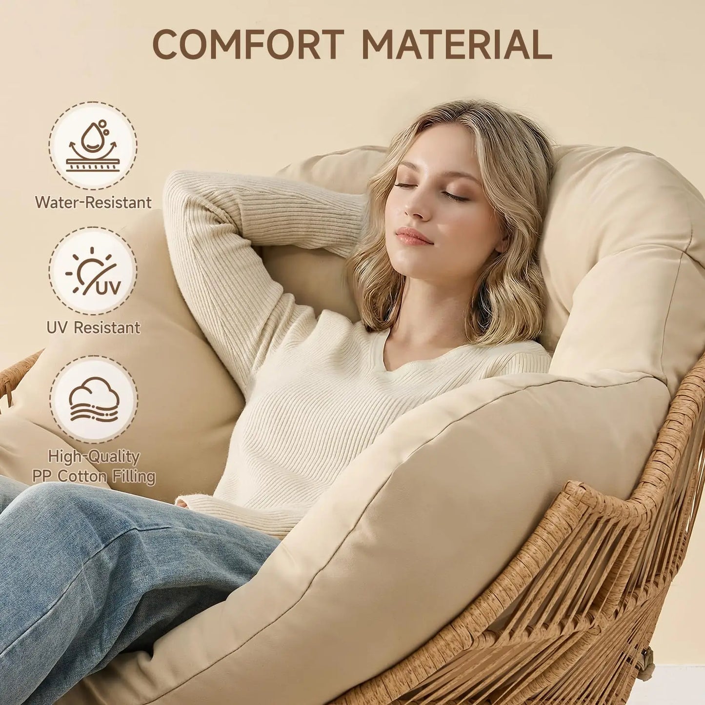 Papasan Rocking Chair with Ottoman, Oversized Wicker Rattan Egg Patio Chair Indoor Outdoor Lounge Rocker Chair for Garden
