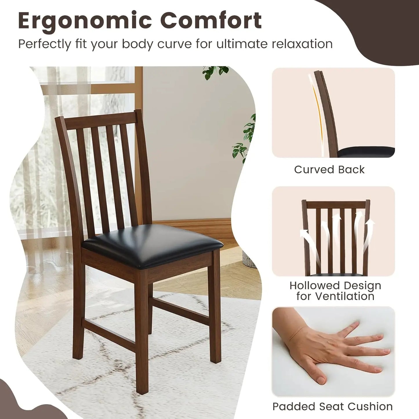 Wooden Dining Chairs Set of 4, Faux Leather Upholstered Kitchen Chair w/Rubber Wood Legs, Curved Back, Padded Seat,, Customized