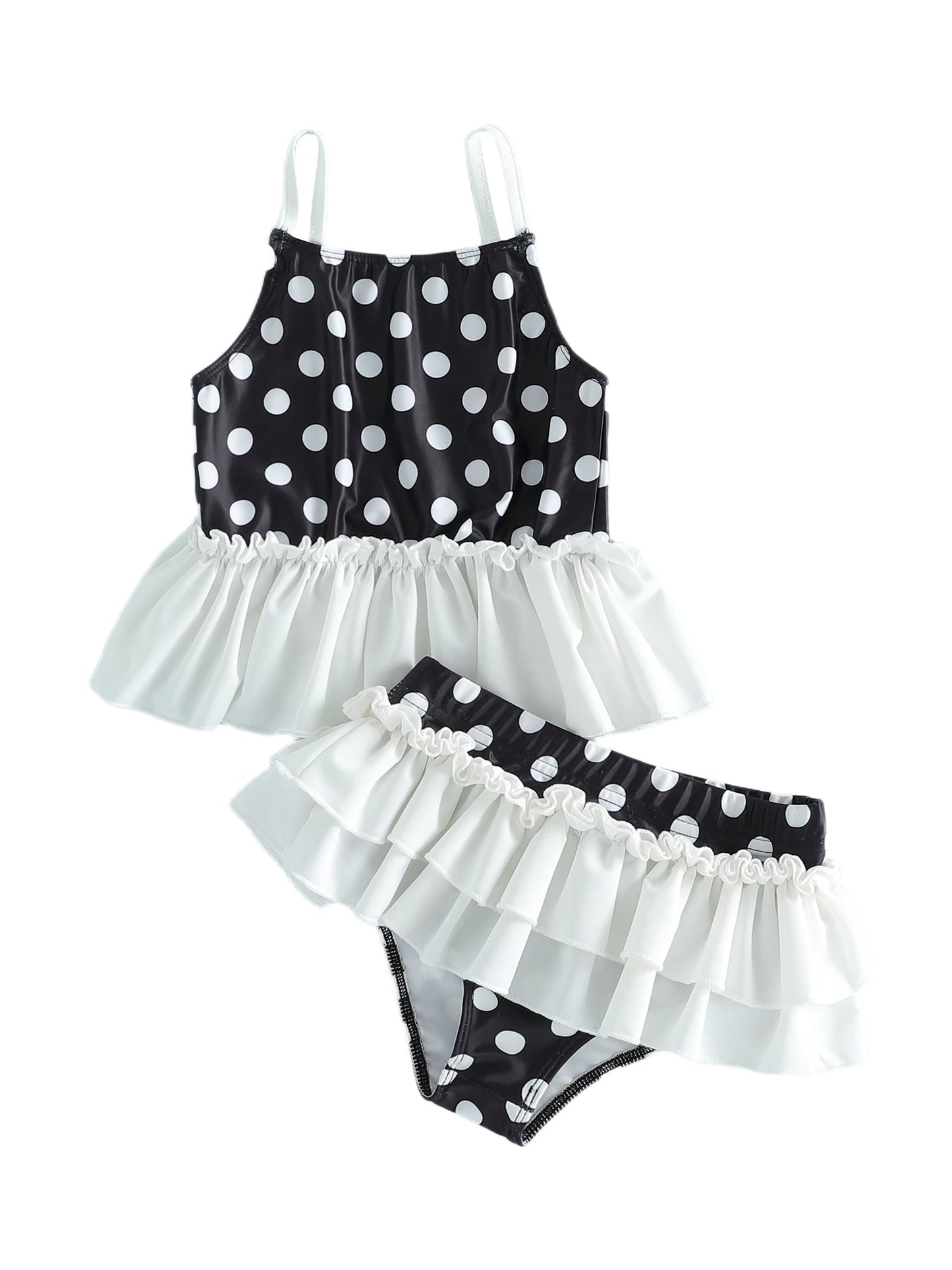 Cute Baby Girl Swimwear Set Polka Dot Pattern Sleeveless Ruffle Tops and Bottoms 2 Piece Beachwear Ensemble