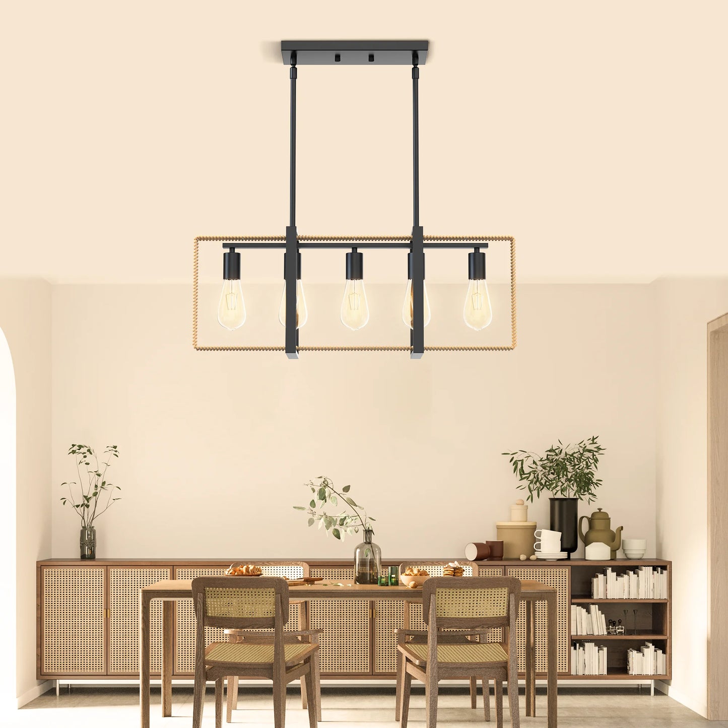 TWISTER.CK 5-Light Rattan Ceiling Pendant Farmhouse Lighting