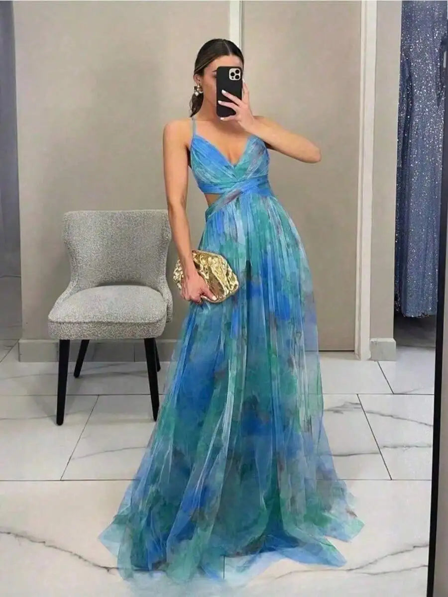 Womens Mesh Printed Cami Prom Dress Floor-Length V-Neck Sleeveless