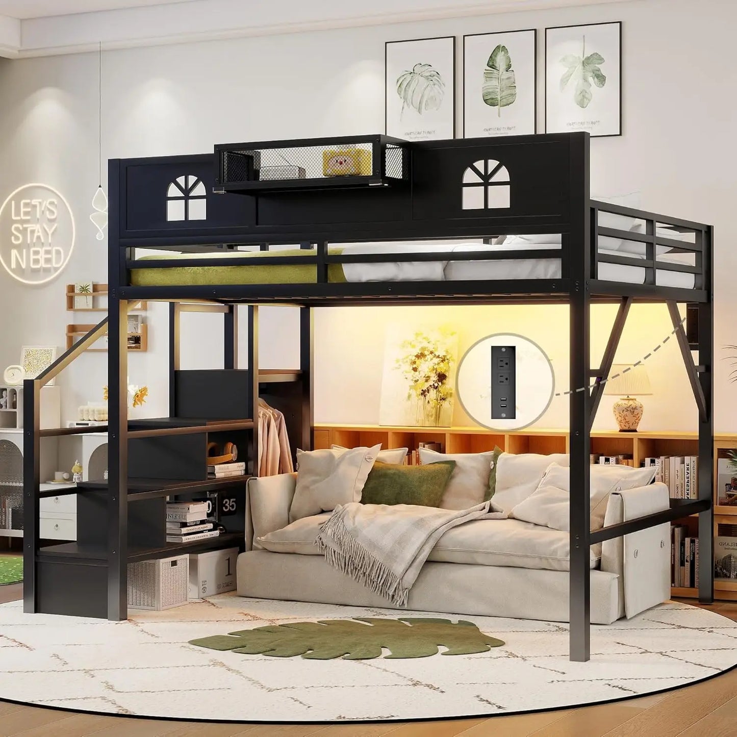 Queen Size Loft Bed Frame for Adults, Metal Loft Bed with Stairs & Storage, Wardrobe, Bedside Shelf and Large, Customized