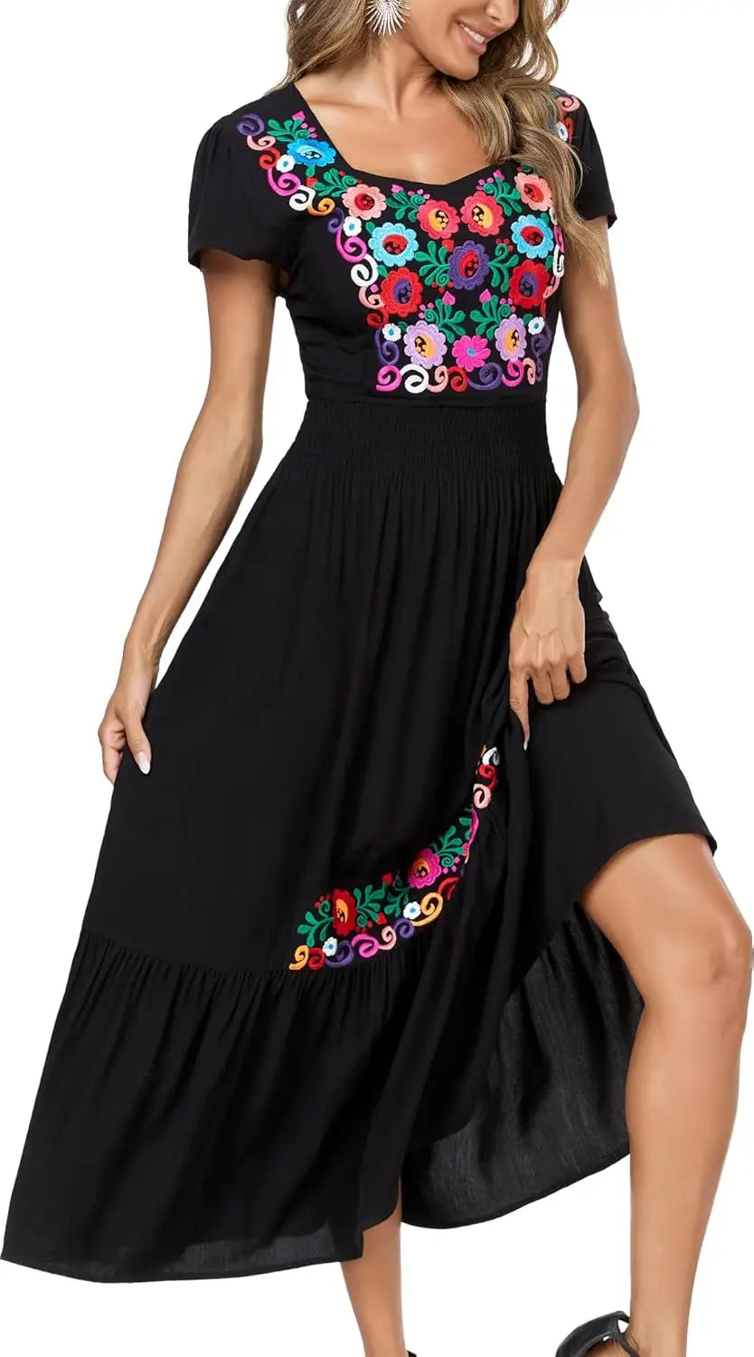 Floral Embroidered Maxi Dress For Women, Round Neck, Short Sleeve