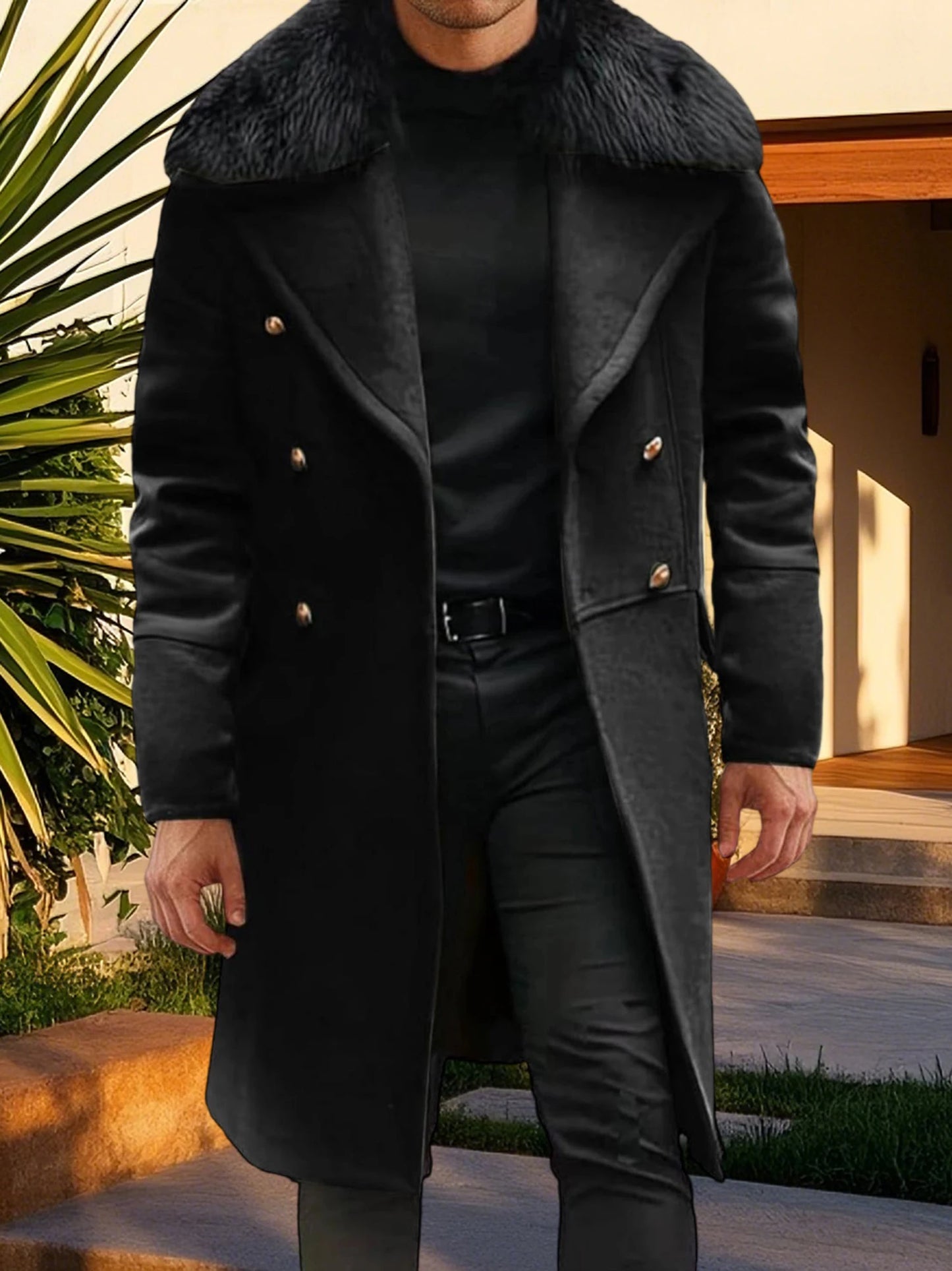 Guangdong Men Classic Double Breasted Trench Coat Removable Fur Collar