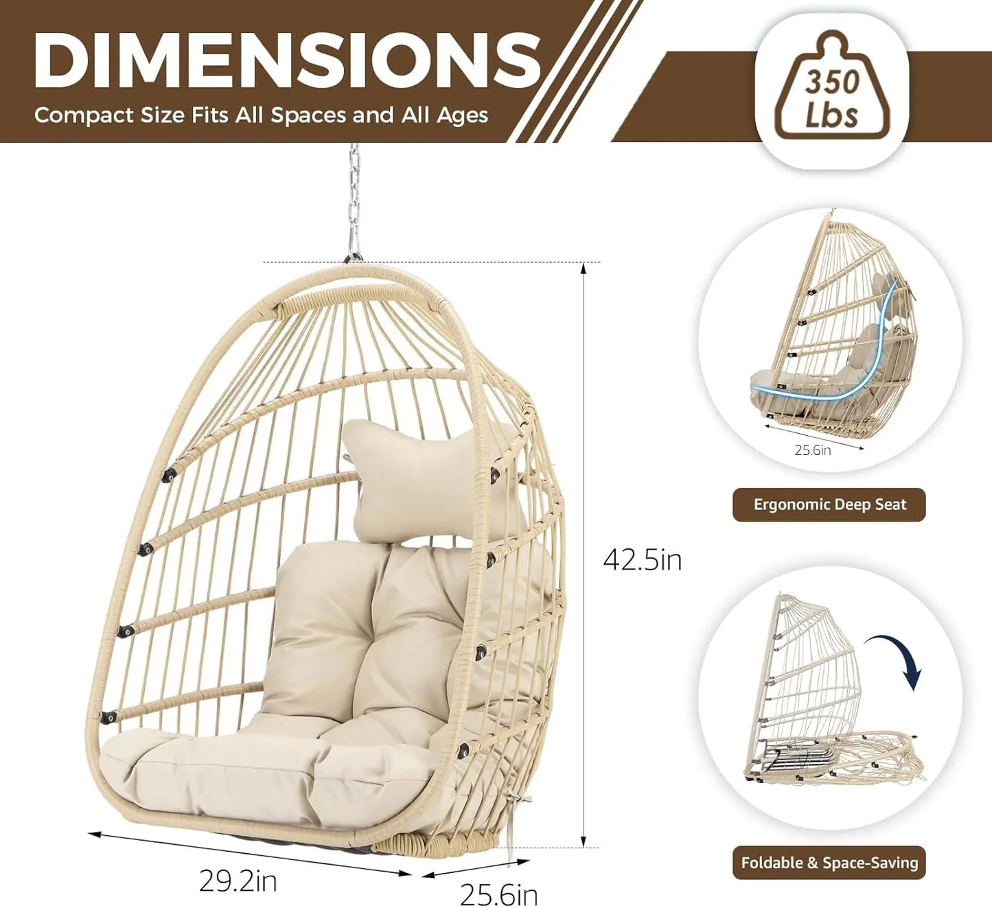 Outdoor Hanging Egg Chair Without Stand, Patio Wicker Swing Egg Basket Chairs with Padded Cushion, 350 Lbs Comfy Cozy Ceiling Tr