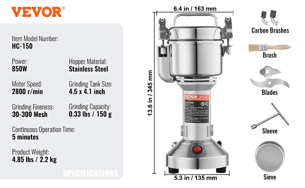 VEVOR Electric Grain Mill Grinder for Dry Herbs and Spices