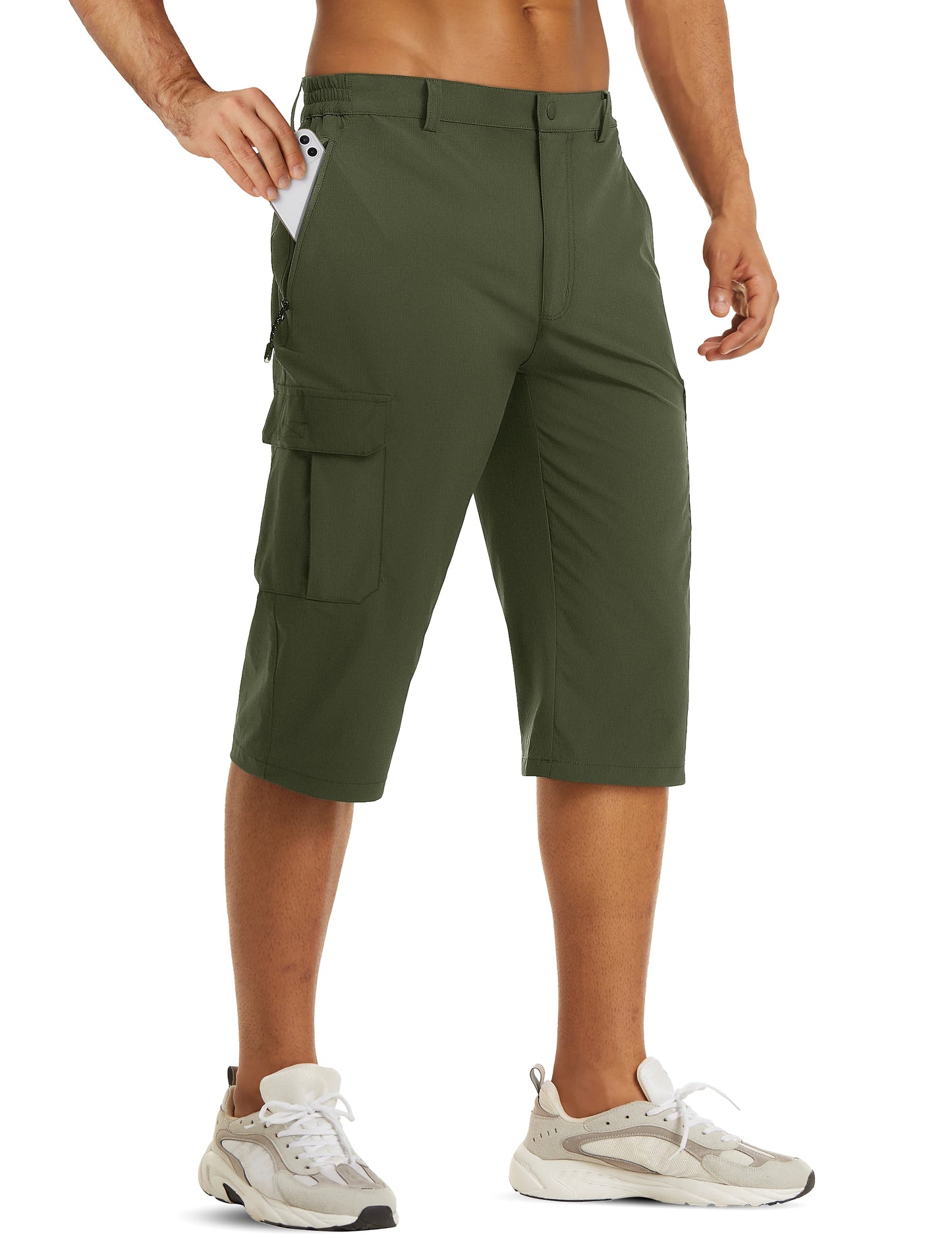 Mens Summer Quick Dry 3/4 Capri Pants Casual Multi-Pockets Lightweight Shorts Outdoor Hiking Cargo Nylon Pants Workout
