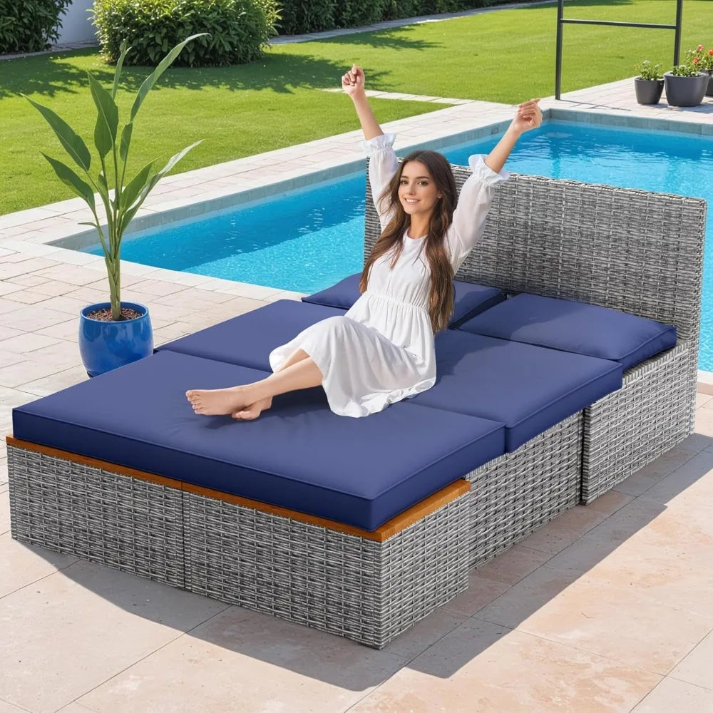 Patio Day Bed Outdoor Daybed Set Multifunctional Rattan Lounge Bed with 2 Side Tables for Backyard Porch Poolside Lawn Beach (N