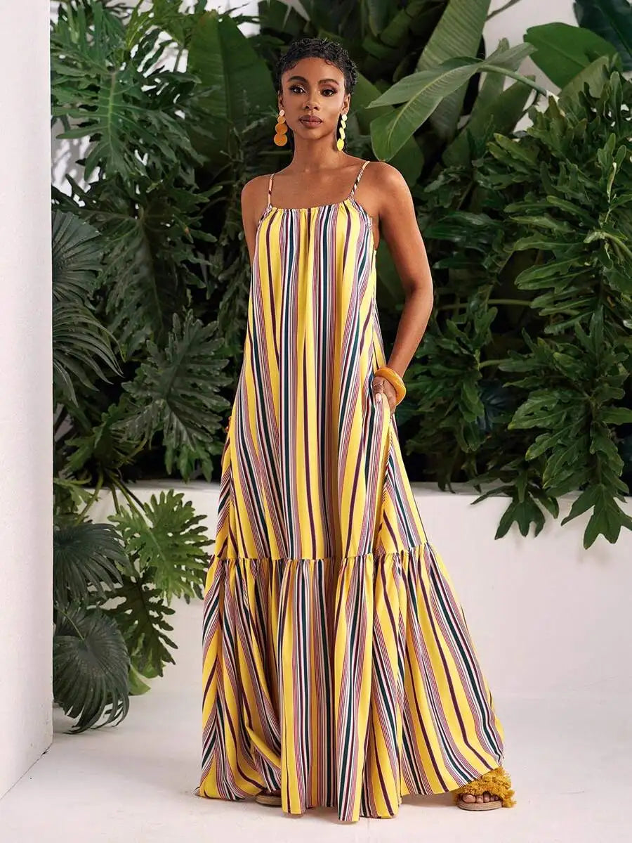 Summer Striped Spaghetti Strap Maxi Dress A-Line Casual Beach Vacation