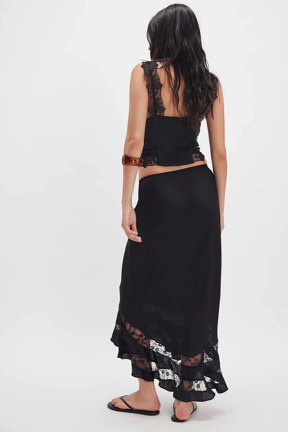 Women Elegant Satin A Line Long Skirt With Ruffle Hem
