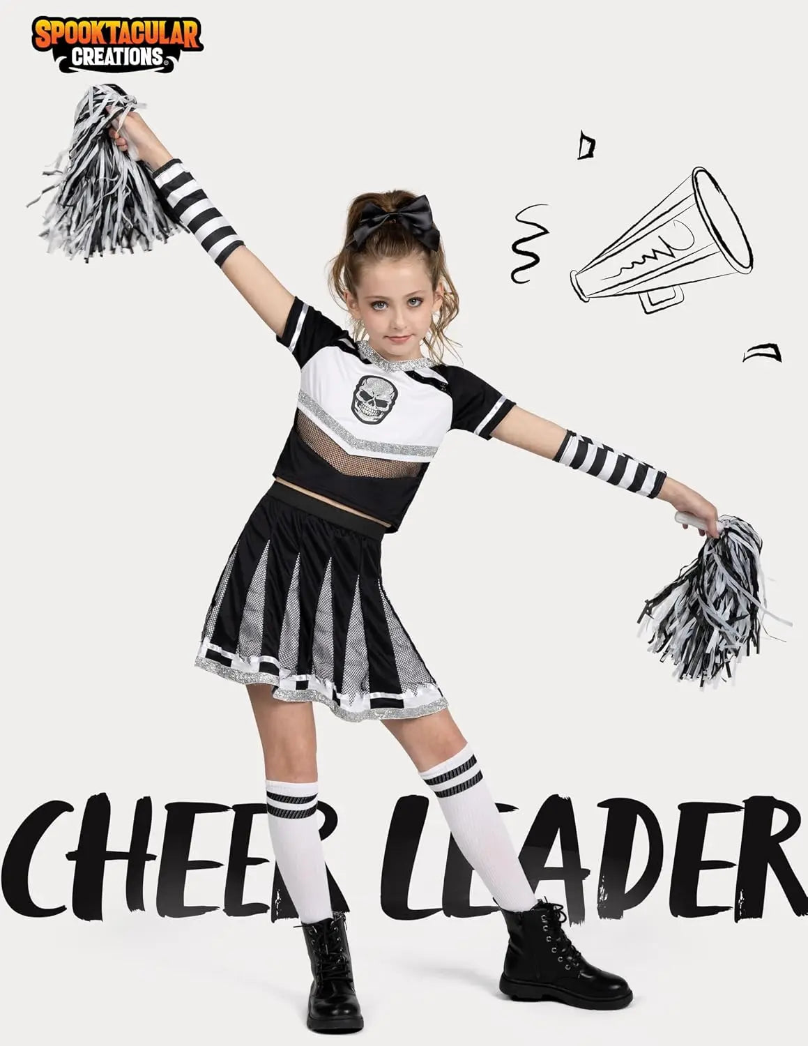 Spooktacular Creations Halloween Cheerleader Costume Girls Bad Spirit Costume for Kids Skull Scary Outfit with Accessories