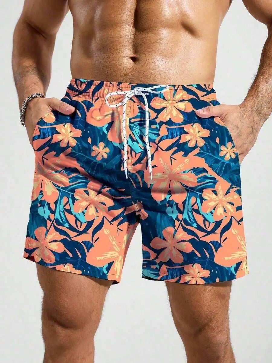 Men Floral Print Loose Fit Beach Shorts Bermuda Style Vacation Swimwear