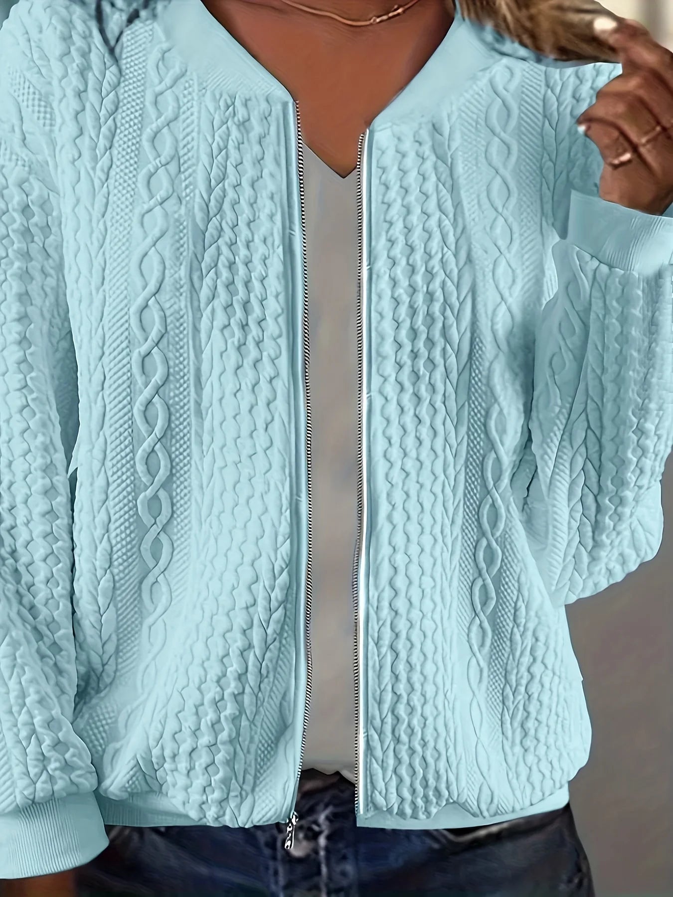 Plus size women's cable knit V-neck zip-up short jacket loose zip long sleeve pocket slimming daily commute cardigan top