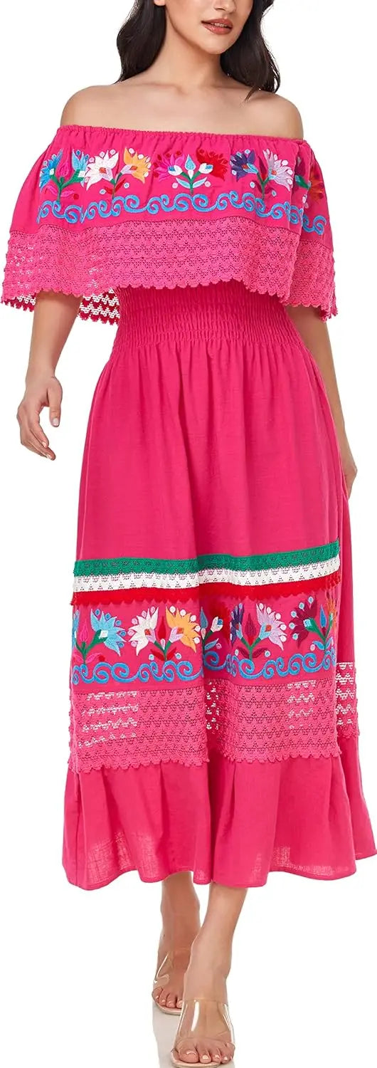 Women Cotton Off Shoulder Mexican Peasant Casual Dress