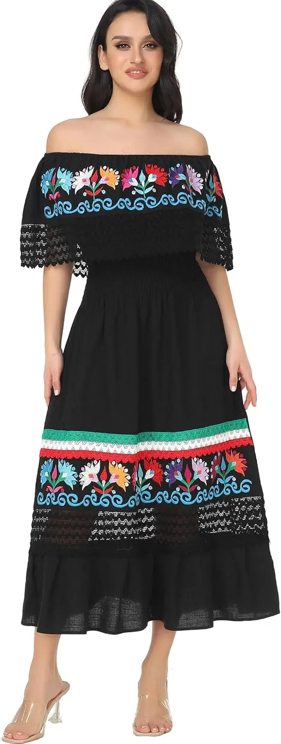 Women Cotton Off Shoulder Mexican Peasant Casual Dress
