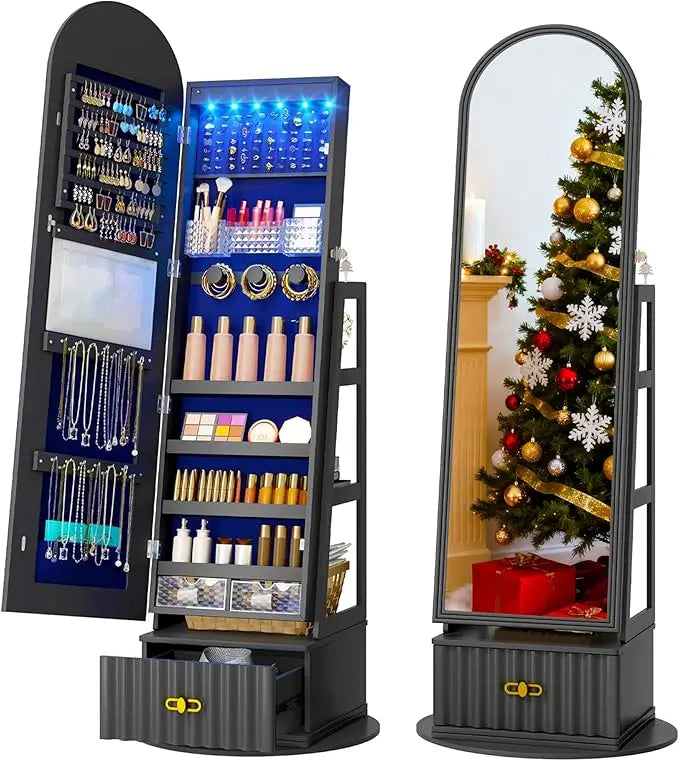 Full Length Jewelry Mirror Cabinet With Storage And Rotating Stand