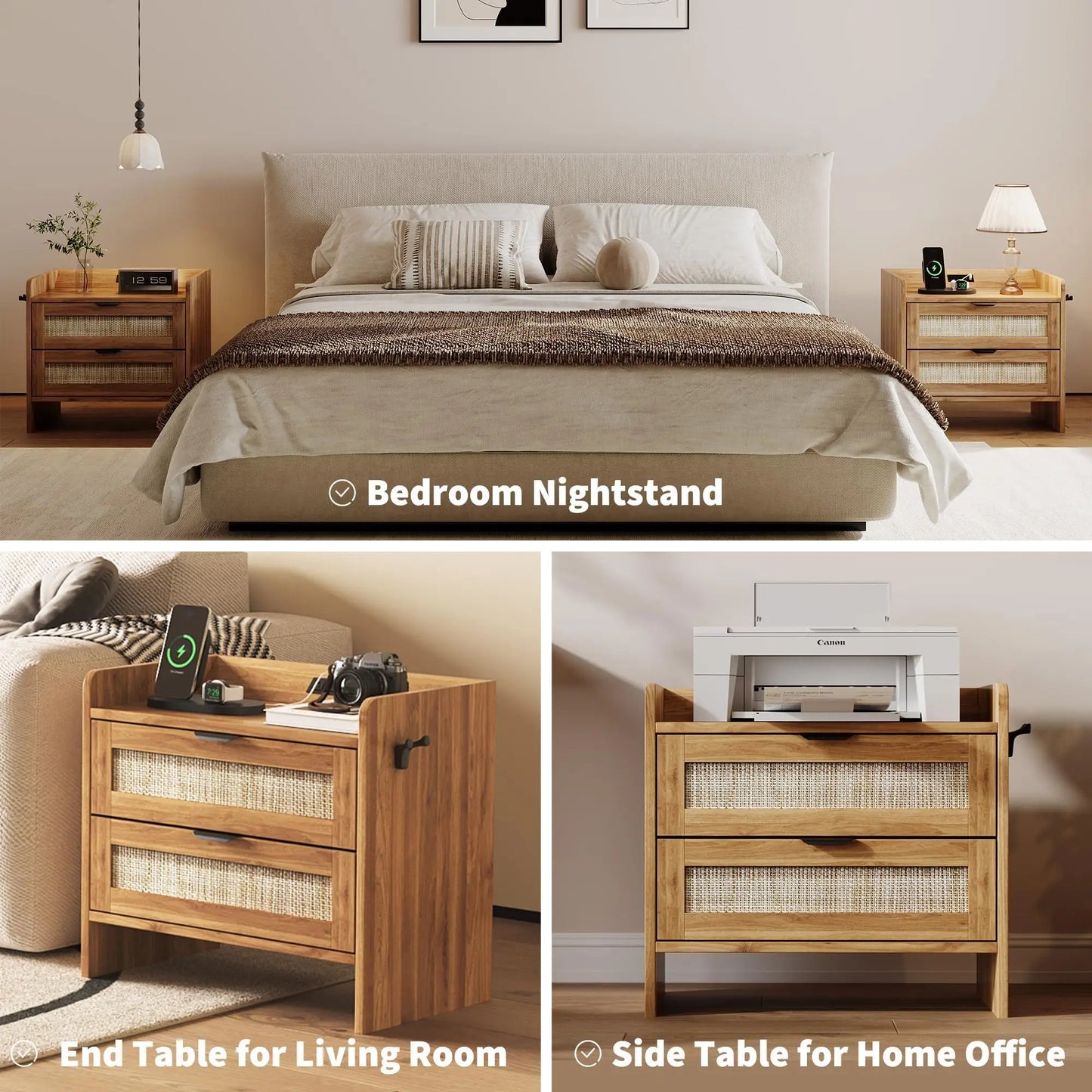 Modern Rattan Nightstand Set Of 2 With Charging Station & Drawers, Bedside Table With Usb/Type-C Ports, Storage Side Table