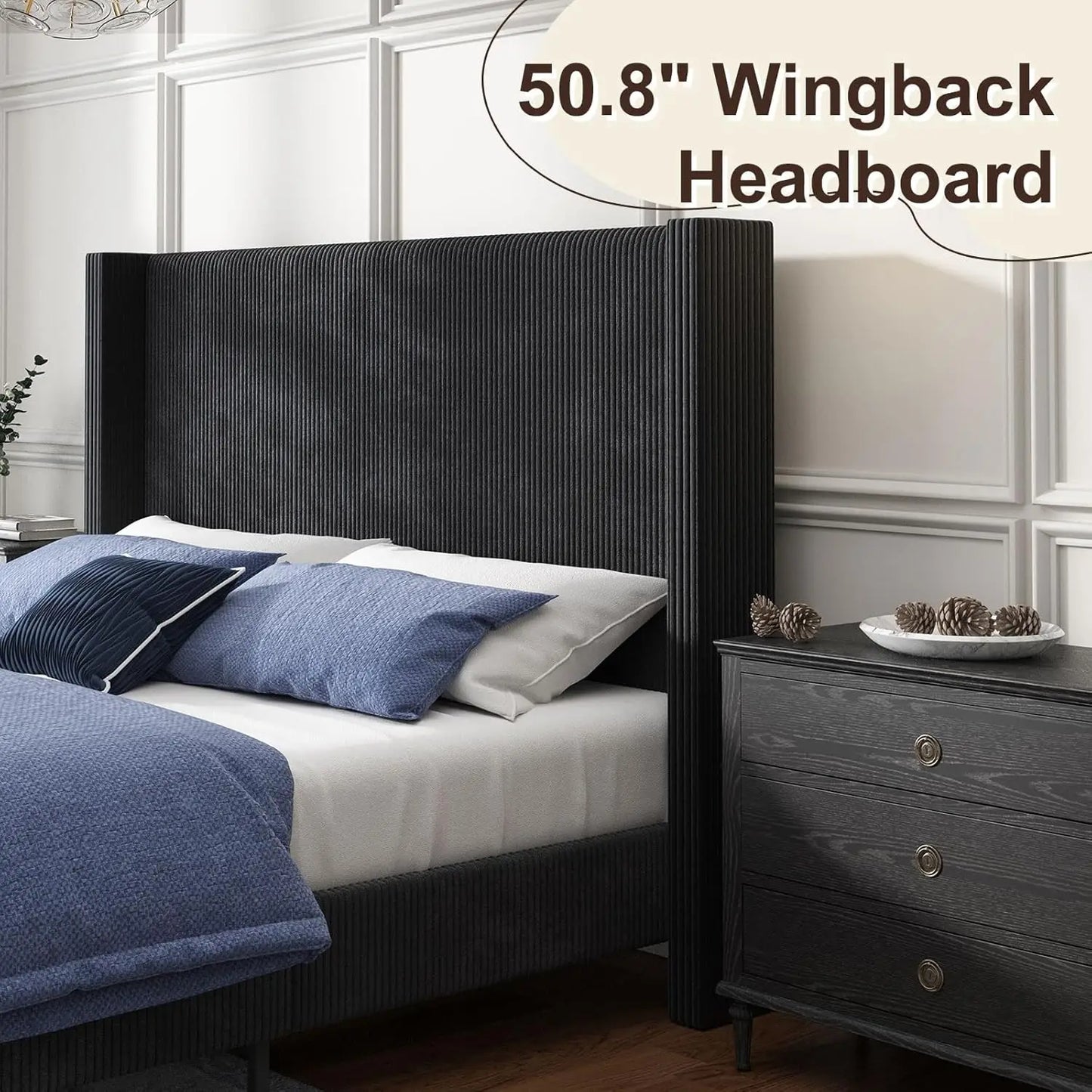 Queen Size Bed Frame with 50.8" Tall Wingback Headboard, Modern Corduroy Upholstered Platform Bed Frame with Solid, Customized