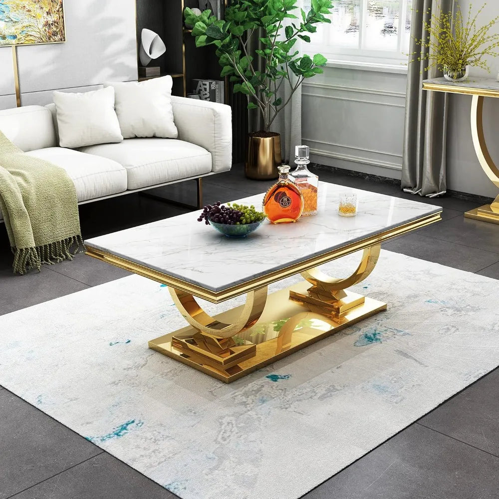 Modern Marble Coffee Table with U-Shape Stainless Steel Base