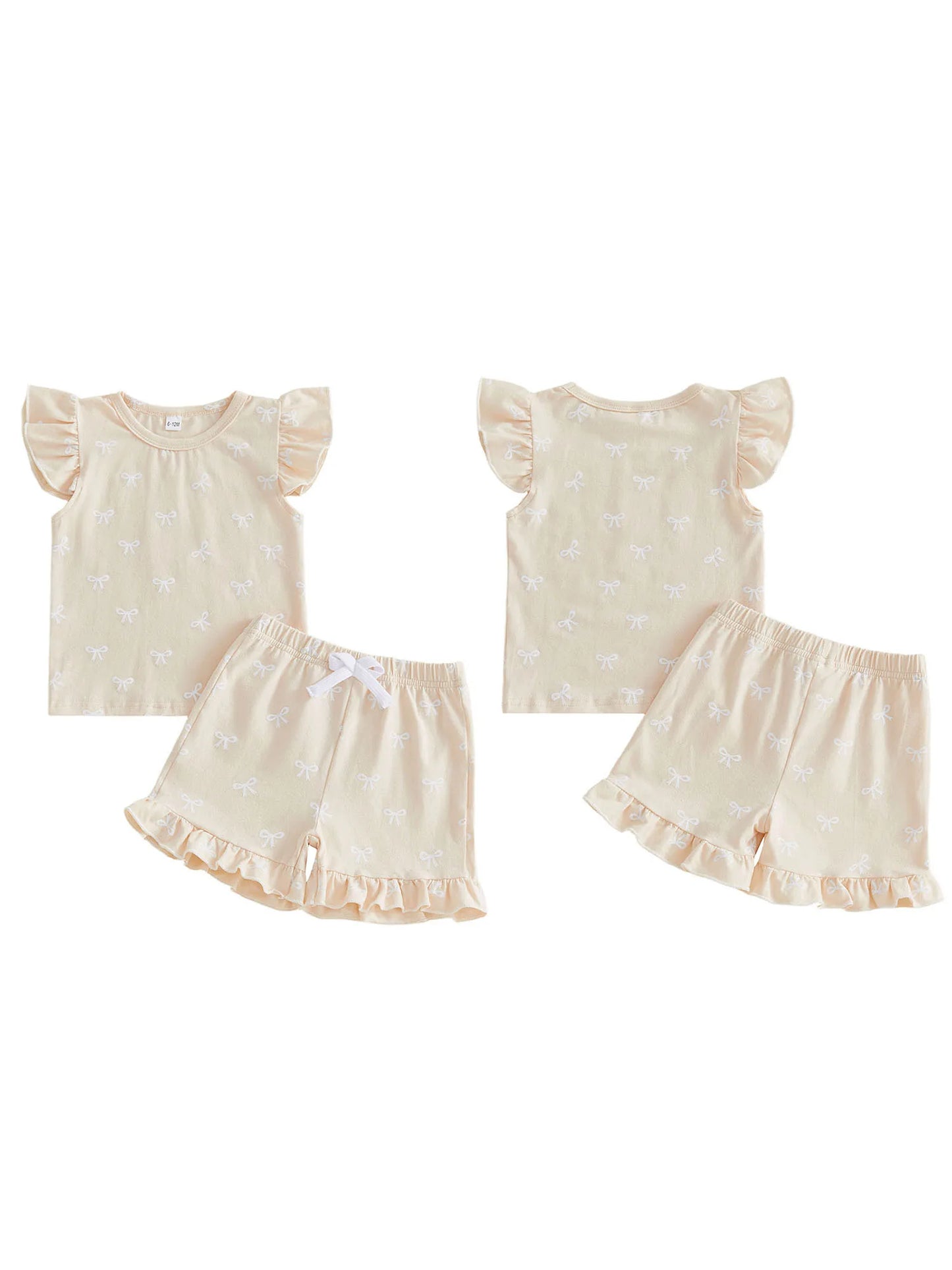 Adorable Infant Girl s Summer Ensemble with Bow Print Frilly Crew Neck Top and Matching Shorts - 2 Piece Set