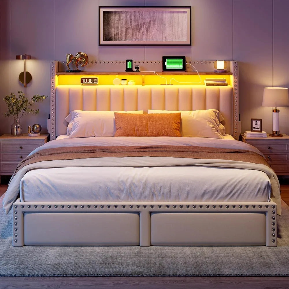 Queen Bed Frame with 2 Storage Drawers, Upholstered Queen Platform Bed with LED Lights and Charging Station, Sturdy, Customized