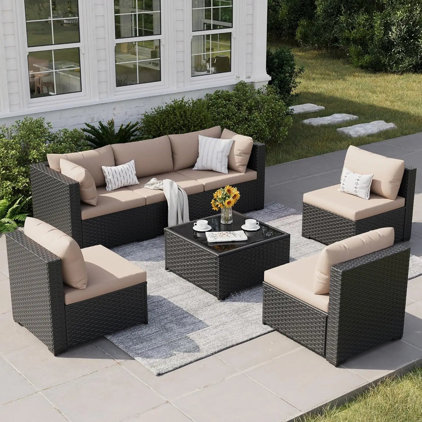 Patio Furniture Set, 7-Piece Outdoor Sectional Rattan Sofa Set with Coffee Table (Navy Blue Cushions with Brown, Customized