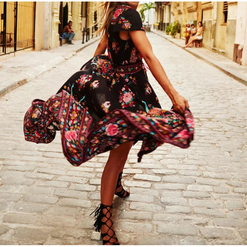 Women's Summer Vintage Floral Deep V Neck High Low Dress