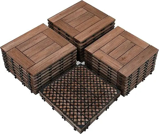 XMSJ Solid Fir Wood Deck Tiles Waterproof Interlocking Patio Outdoor