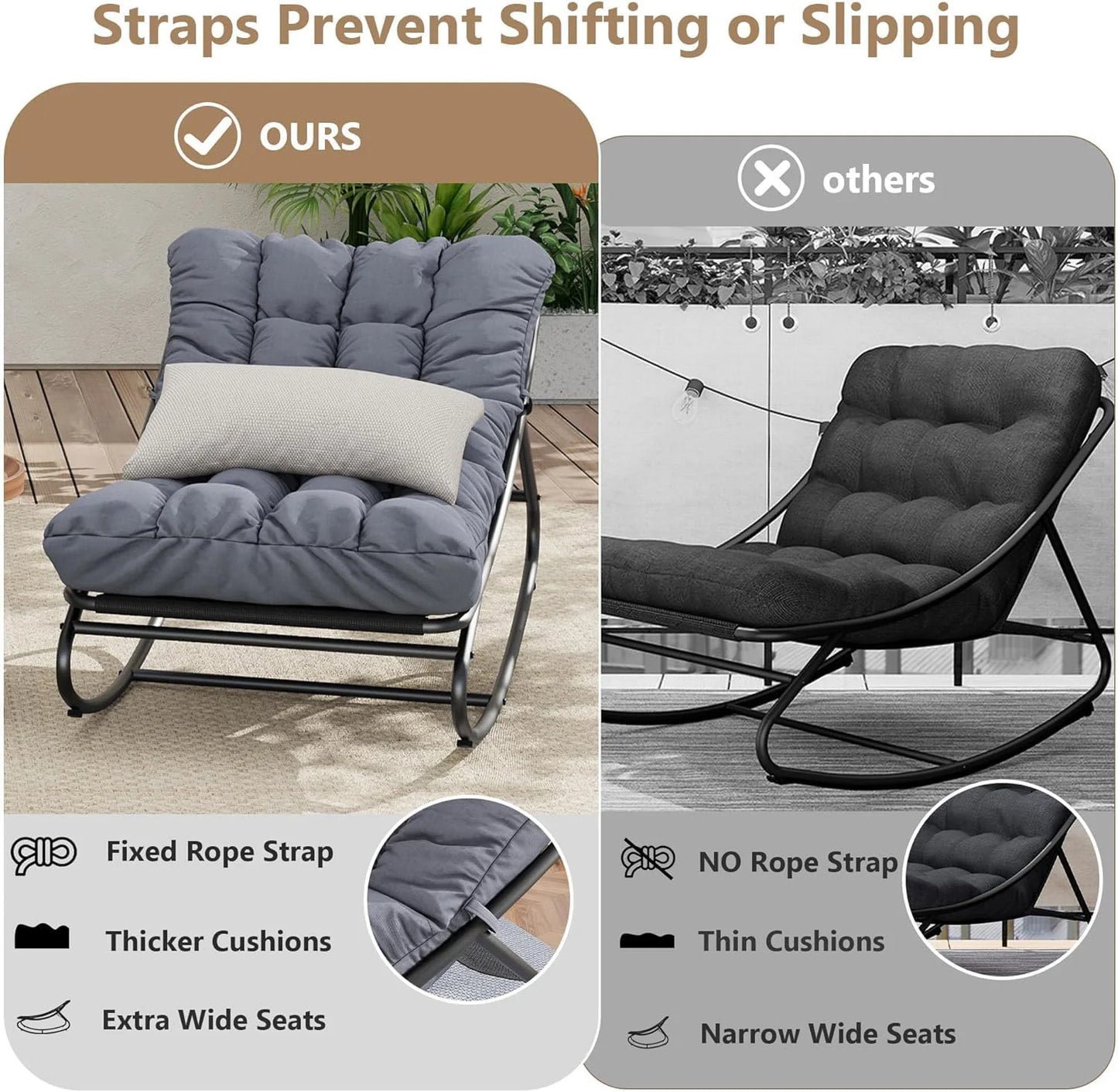 Oversized Outdoor Patio Rocking Chair – Heavy Duty Metal Frame, Thick Cushions, Comfy Recliner, 400/450 LBS Capacity – Relaxing Garden, Porch, Balcony, Backyard & Indoor Lounge Seating