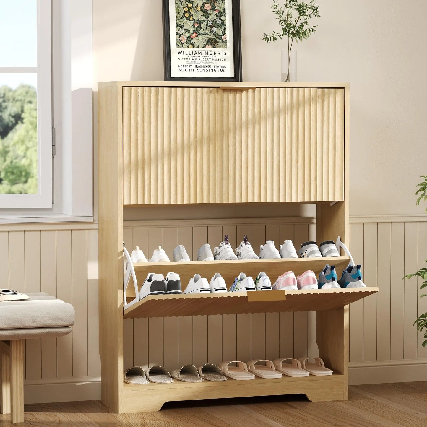 Narrow Shoe Storage Cabinet With 2 Flip Drawers, Slim Fluted Hidden Freestanding Wooden Shoe Rack For Entryway Hallway Foyer