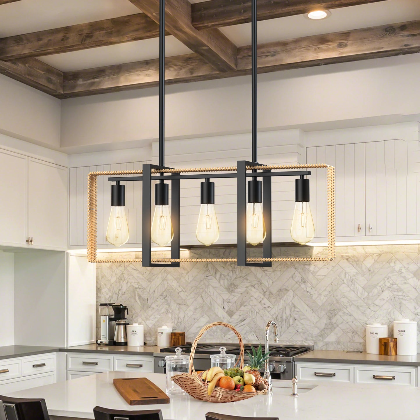 TWISTER.CK 5-Light Rattan Ceiling Pendant Farmhouse Lighting