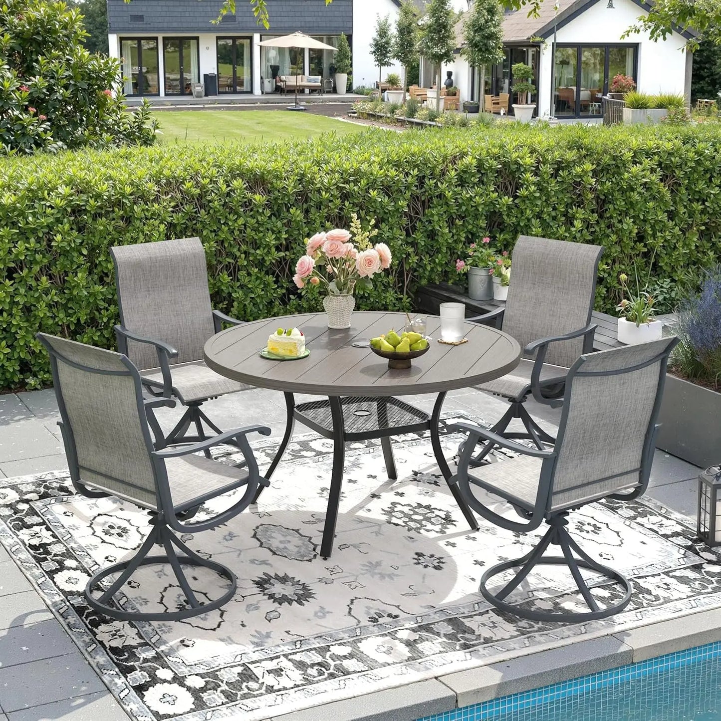 5 Pieces Outdoor Patio Dining Set, 4 Brown Textilene Swivel Dining Chairs and 40.6" Black Round Dining Table, Metal, Customized