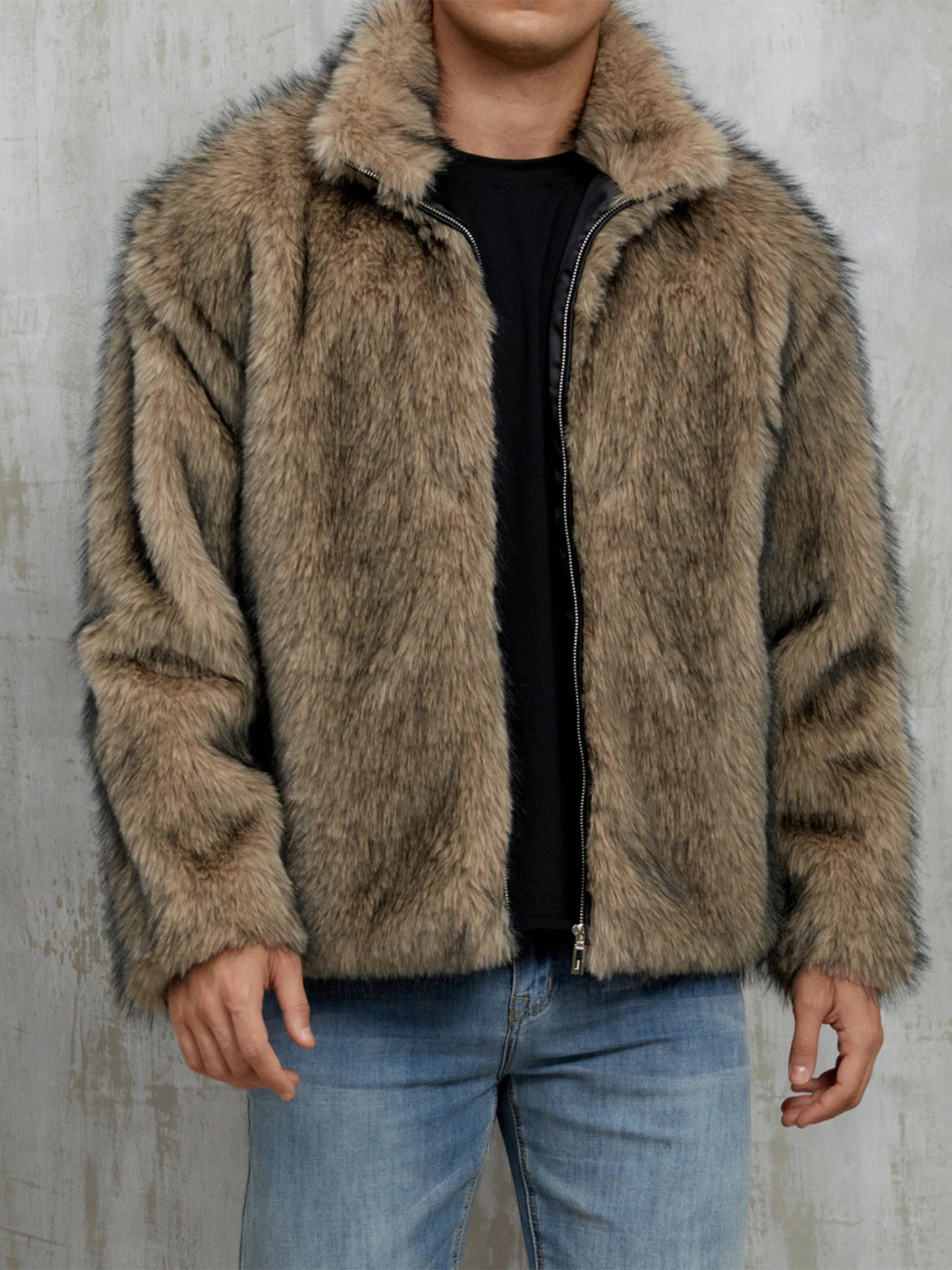 Men's Faux Fur Jacket Winter Warm Stand Collar Coat