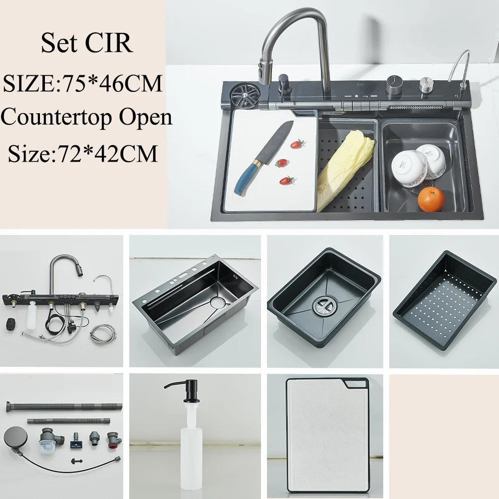 304 Stainless Steel Kitchen Sink Double Waterfall Single Slot Integrated Digital Display Faucet Set Soap dispenser Cup Washer