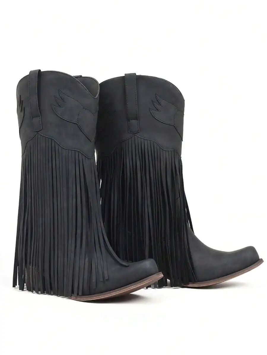 Green Fringe Western Cowgirl Boots Women Slip-On Pointed Toe Chunky Heel Mid Calf Retro Festival Boots