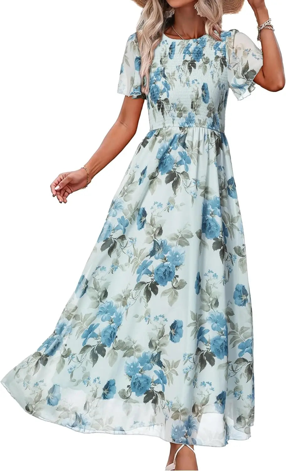 Floral Casual Summer Maxi Dress Chiffon With Smocked Short Sleeve
