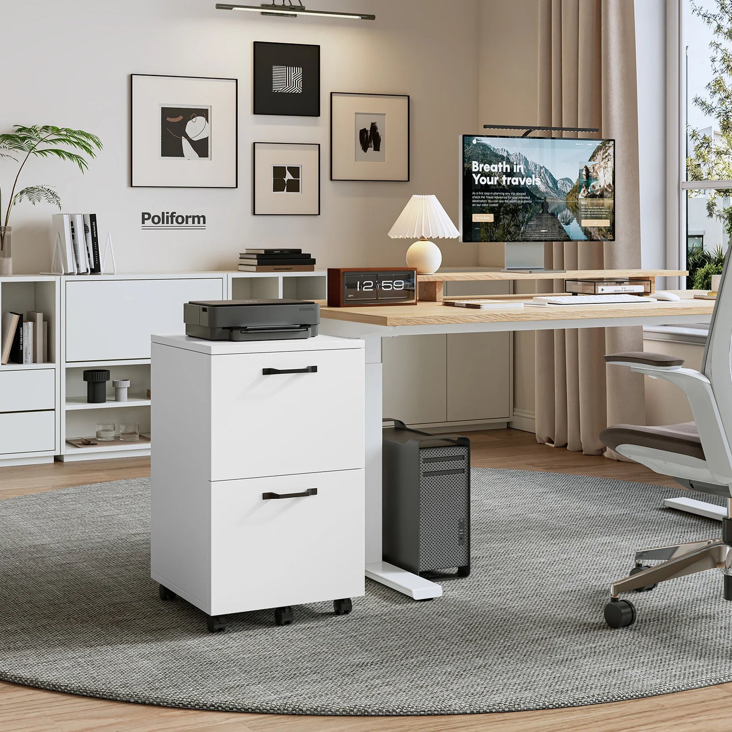 JHK Wooden 2-Drawer Rolling File Cabinet Under Desk Storage with Lockable Wheels Mobile Printer Stand Home Office Organizer for Documents and Office Supplies