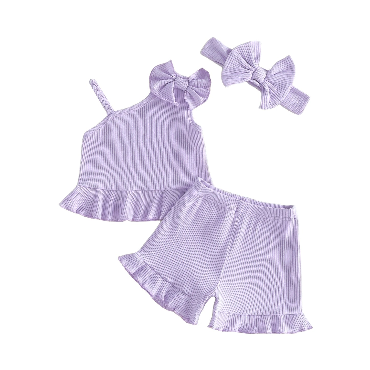 Adorable Toddler Girl s Summer Ensemble with Bow Detail Ribbed Sleeveless Top Ruffle Shorts and Matching Headband - 3 Piece