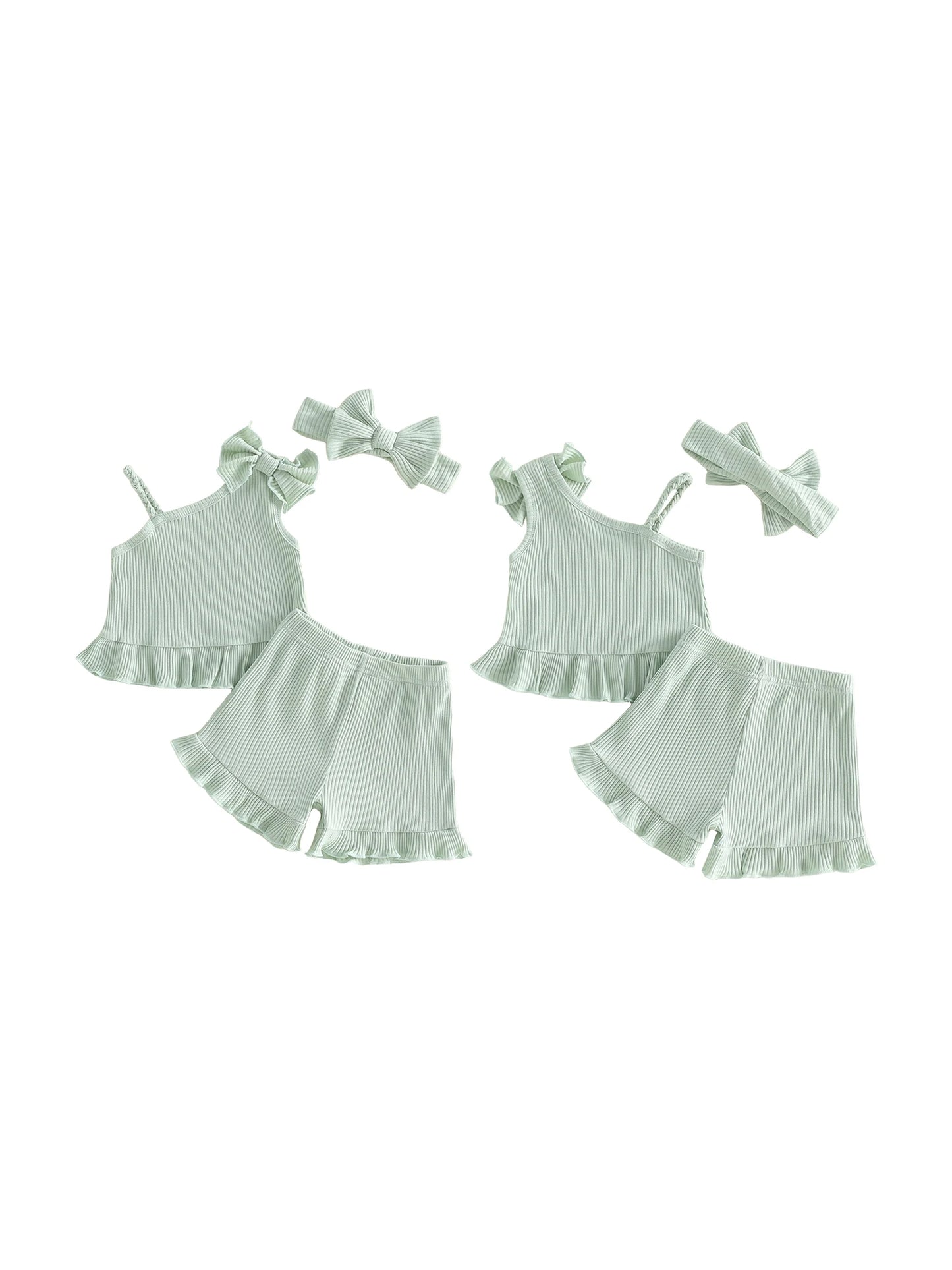 Adorable Toddler Girl s Summer Ensemble with Bow Detail Ribbed Sleeveless Top Ruffle Shorts and Matching Headband - 3 Piece