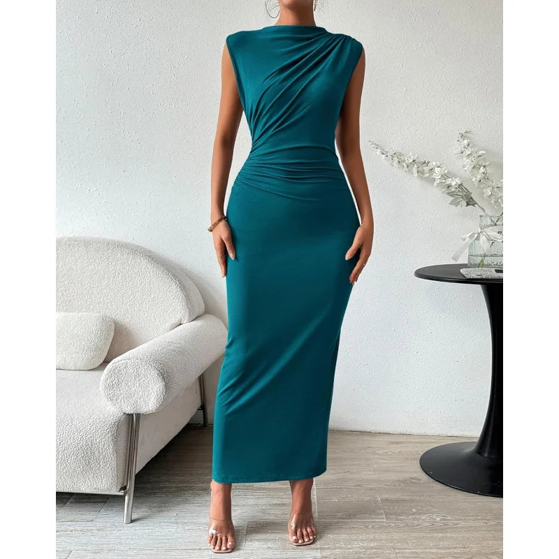 Women Ruched Bodycon Maxi Dress Wedding Guest Sleeveless